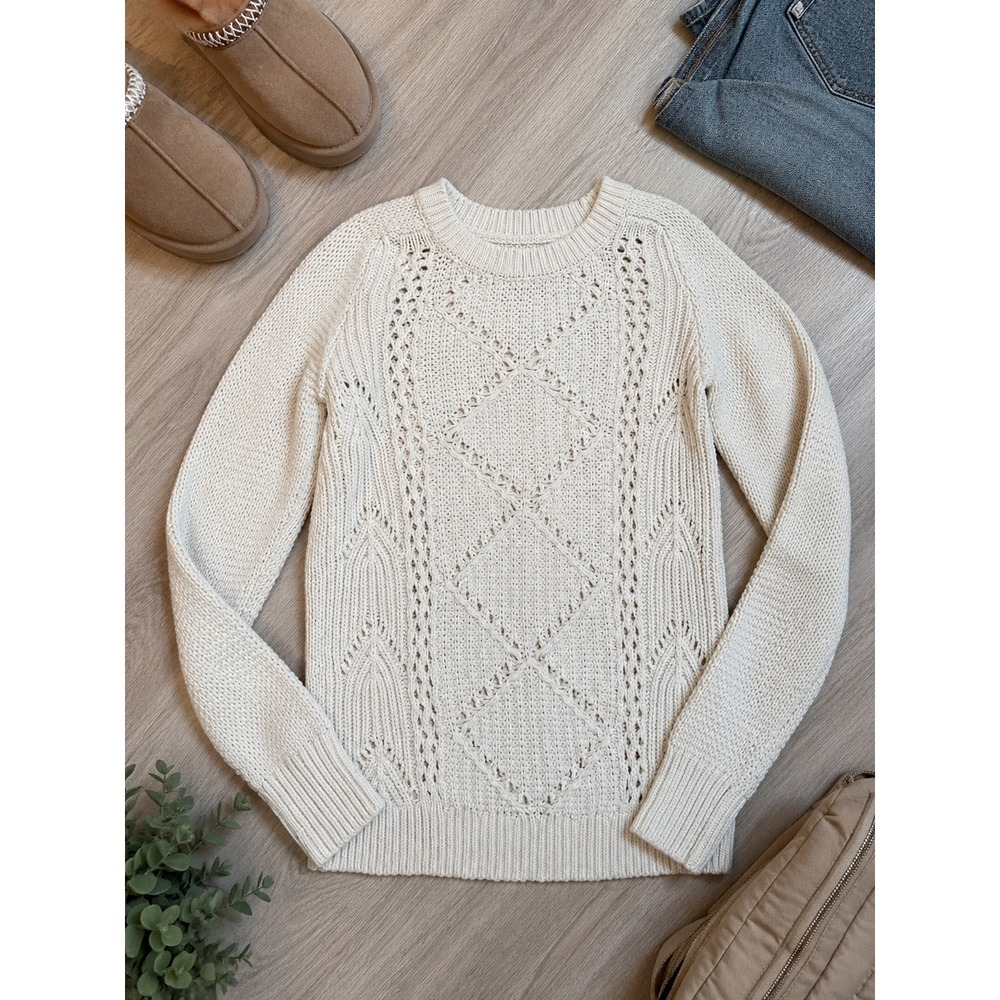 Old Navy Cream Pointelle Cable Knit Diamond Crewneck Sweater Womens Small